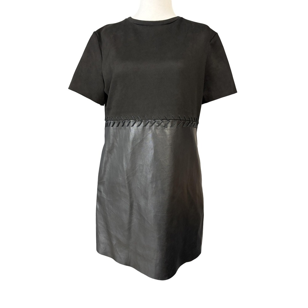 Miou Muse Dress Womens‎ Medium Black Faux Leather Shift Short Sleeve Pockets